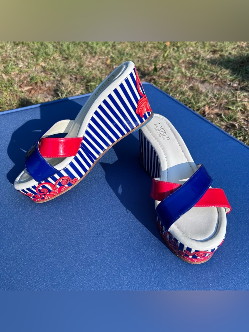 Loriblu Women’s Size 7 (37 EU) Leather Wedge Sandal Red White Blue Italian Lux